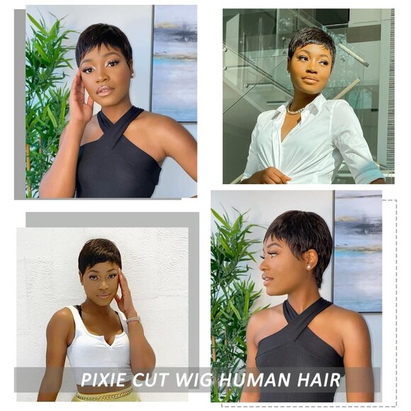 Human Hair Short Pixie Cut Wigs for Black Women Human Hair Glueless pixie Wig - Picture 2 of 7